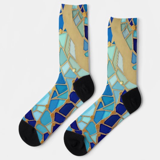 波の海 ブルー＆ゴールド モザイク アート ソックス (左)