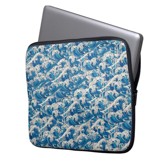 波の素晴らし模様航海の青い波 ラップトップスリーブ (正面左)