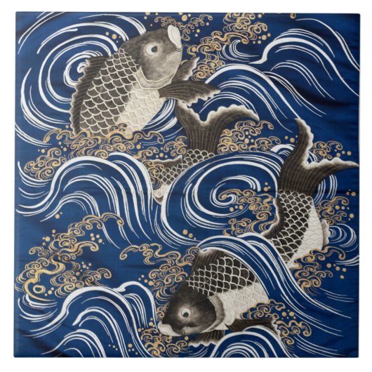 波の鯉のセラミックパネル – 福佐日本の- タイル (正面)