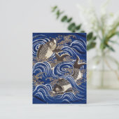 波の鯉日本のコイ魚絹織画 ポストカード (スタンド正面)