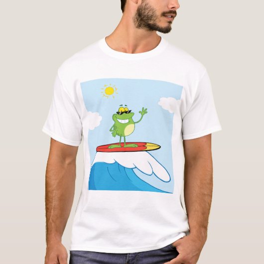 波のTシャツに乗ったカエルサーフィン Tシャツ (正面)