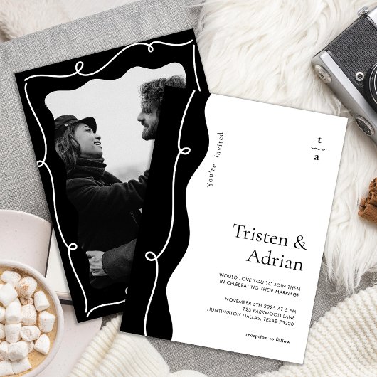 波はっきりした状の横枠モダン結婚角 招待状