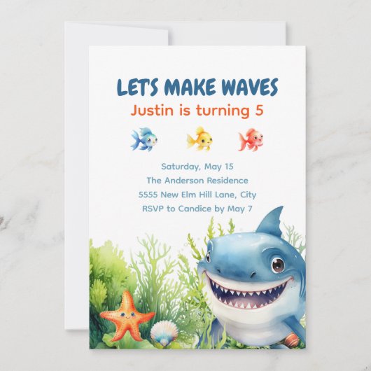 波を幸せにするサメを海の下に誕生日 招待状 (正面)