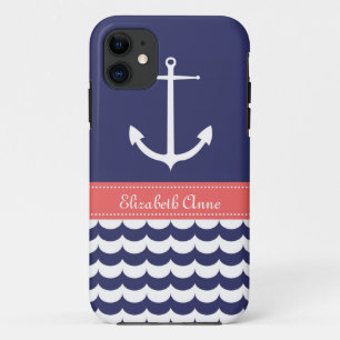 波を持ついかりおよび海軍及びピンクの名前をカスタムする iPhone 11 ケース