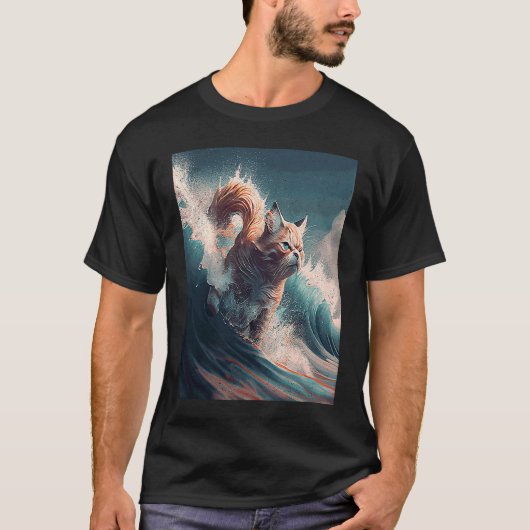 波を飛ぶ猫 Tシャツ (正面)