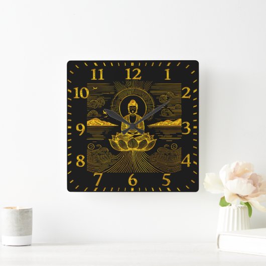 波エレガントと山に囲まれた仏像 スクエア壁時計 (ホーム)