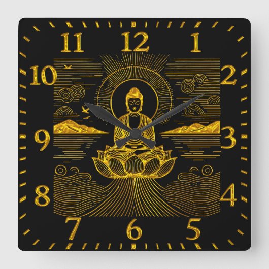 波エレガントと山に囲まれた仏像 スクエア壁時計 (正面)