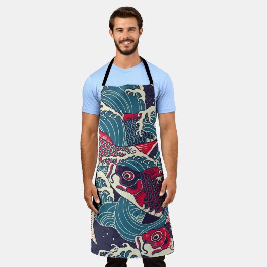 波カラフルの魚 エプロン (着用した状態)