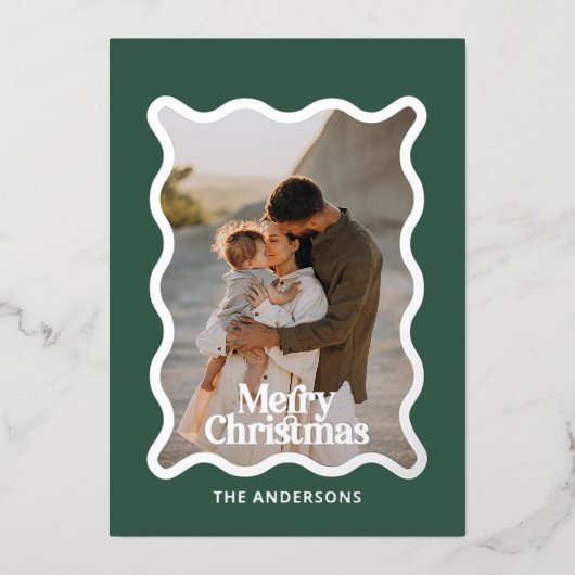 波モダンのエッジのチェック緑の写真クリスマス 箔招待状 (正面)