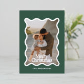 波モダンのエッジのチェック緑の写真クリスマス 箔招待状 (立ち正面)