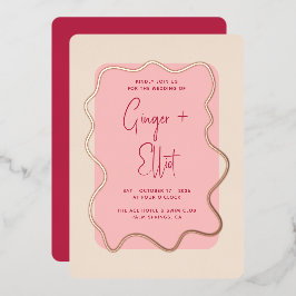 波モダンはっきりした枠マゼンタピンク結婚の金ゴールド 箔招待状