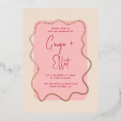 波モダンはっきりした枠マゼンタピンク結婚の金ゴールド 箔招待状 (正面)