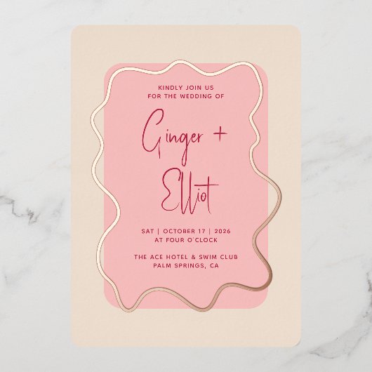波モダンはっきりした枠マゼンタピンク結婚の金ゴールド 箔招待状 (正面)