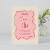 波モダンはっきりした枠マゼンタピンク結婚の金ゴールド 箔招待状 (立ち正面)