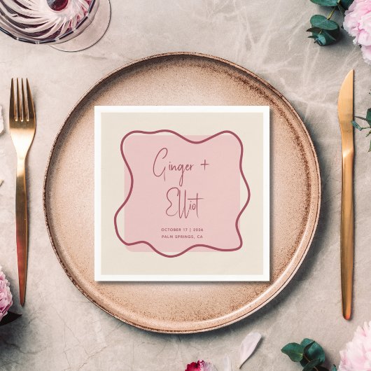 波モダンはっきりした枠マゼンタピンク結婚ズ スタンダードカクテルナプキン