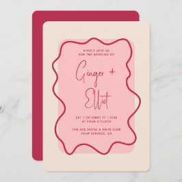 波モダンはっきりした枠マゼンタピンク結婚ズ 招待状