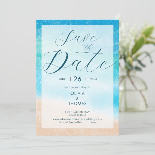 波モダンビーチ写真結婚式の日付を保存 招待状 (スタンド正面)