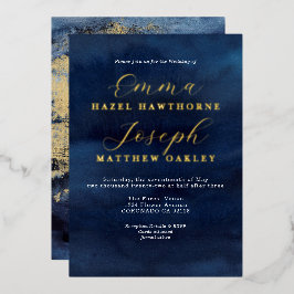 波モダン抽象芸術金ゴールドミッドナイト結婚ブルー 箔招待状