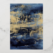 波モダン抽象芸術金ゴールドミッドナイト結婚ブルー 箔招待状 (裏面)