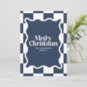 波モダン状エッジチェック海軍の青い写真クリスマス シーズンカード (スタンド正面)