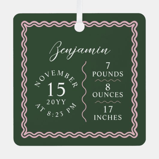 波モダン状ベビー名スクリプト誕生統計フォト メタルオーナメント (正面)