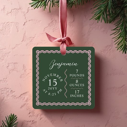 波モダン状ベビー名スクリプト誕生統計フォト メタルオーナメント