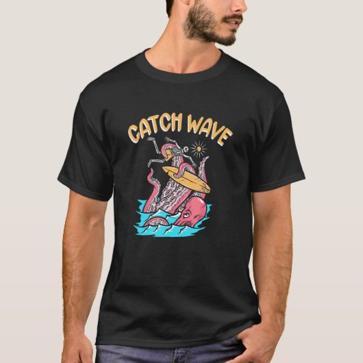 波乗りタコのスケルトンデザイン サーフボード サーフィン Tシャツ (正面)