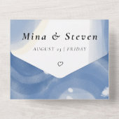 波付き水色ビーチ結婚の オールインワン招待状 (裏面)