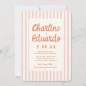 波型ピンクと赤の手書き結婚のQRコード 招待状 (正面)