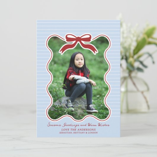 波型フレームボウPinstriedホリデーカードクリスマス シーズンカード (スタンド正面)