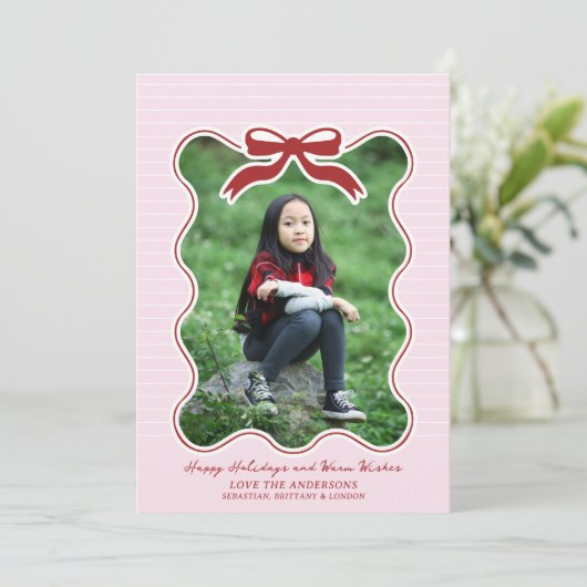 波型フレームボウPinstriedホリデーカードクリスマス シーズンカード (スタンド正面)