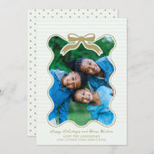 波型フレームボウPinstriedホリデーカードクリスマス シーズンカード (正面/裏面)