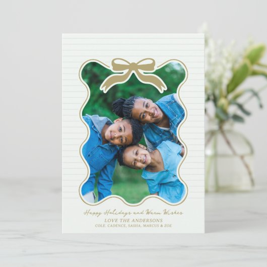 波型フレームボウPinstriedホリデーカードクリスマス シーズンカード (スタンド正面)