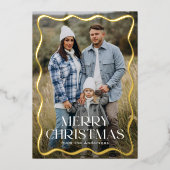 波型モダンフレームメリークリスマス3写真 箔シーズンカード (正面)