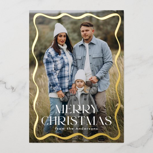 波型モダンフレームメリークリスマス3写真 箔シーズンカード (正面)