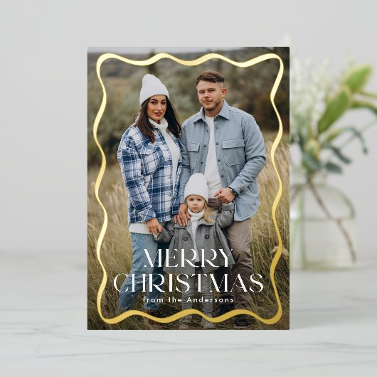 波型モダンフレームメリークリスマス3写真 箔シーズンカード (立ち正面)