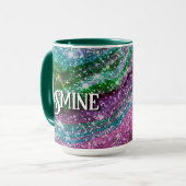 波形お洒落ピンク緑グリッターモノグラム マグカップ (正面左)