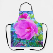 波形のエレガント青い葉を持つピンクのハイビスカス エプロン (正面)