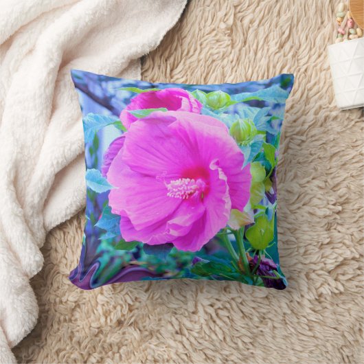 波形のエレガント青い葉を持つピンクのハイビスカス クッション (ブランケット)