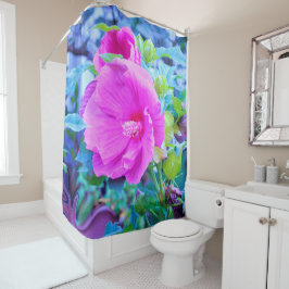 波形のエレガント青い葉を持つピンクのハイビスカス シャワーカーテン