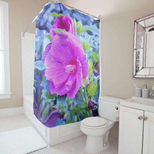 波形のエレガント青い葉を持つピンクのハイビスカス シャワーカーテン (インサイチュ)