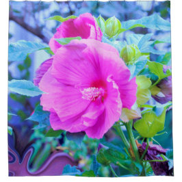 波形のエレガント青い葉を持つピンクのハイビスカス シャワーカーテン