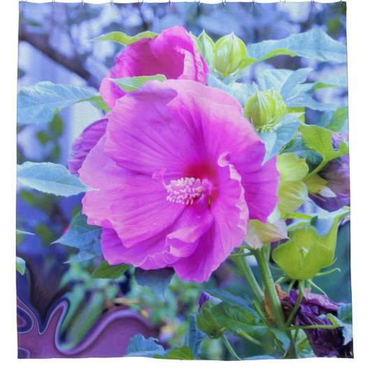 波形のエレガント青い葉を持つピンクのハイビスカス シャワーカーテン (正面)
