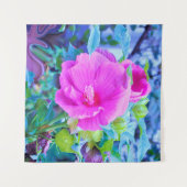 波形のエレガント青い葉を持つピンクのハイビスカス タペストリー (正面(横))