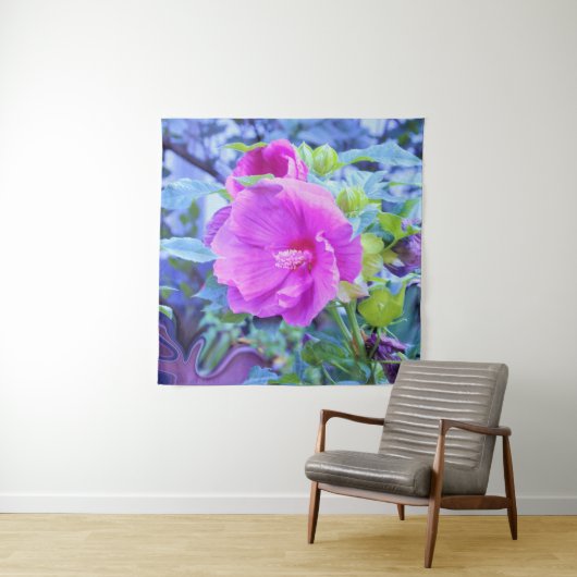 波形のエレガント青い葉を持つピンクのハイビスカス タペストリー (インサイチュ)