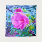 波形のエレガント青い葉を持つピンクのハイビスカス タペストリー (正面)