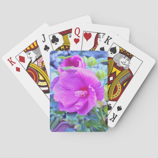 波形のエレガント青い葉を持つピンクのハイビスカス トランプ (裏面)