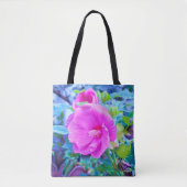 波形のエレガント青い葉を持つピンクのハイビスカス トートバッグ (正面)