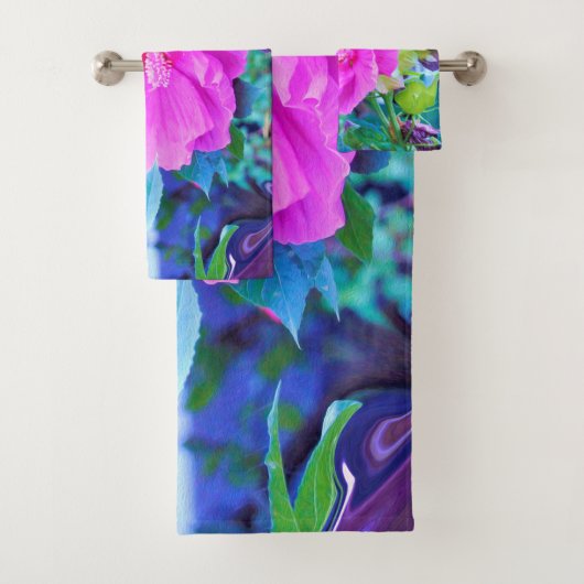 波形のエレガント青い葉を持つピンクのハイビスカス バスタオルセット (インサイチュ)