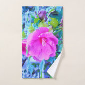 波形のエレガント青い葉を持つピンクのハイビスカス バスタオルセット (ハンドタオル)